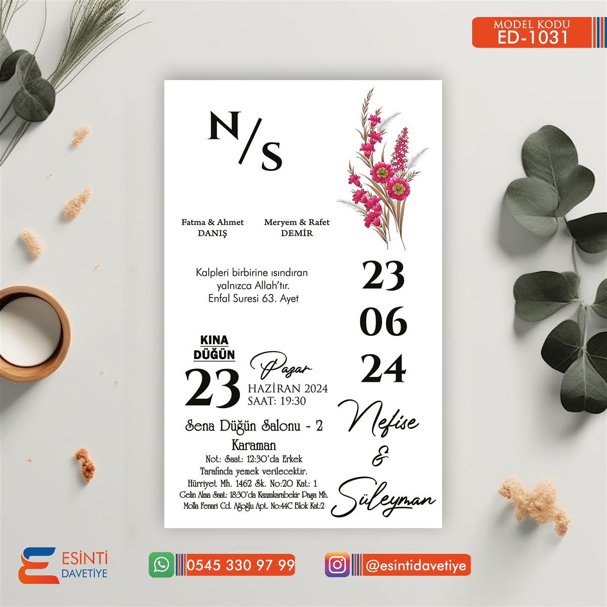 ED-1031 Tekli Düğün Davetiye – DD1031 - Görsel 1