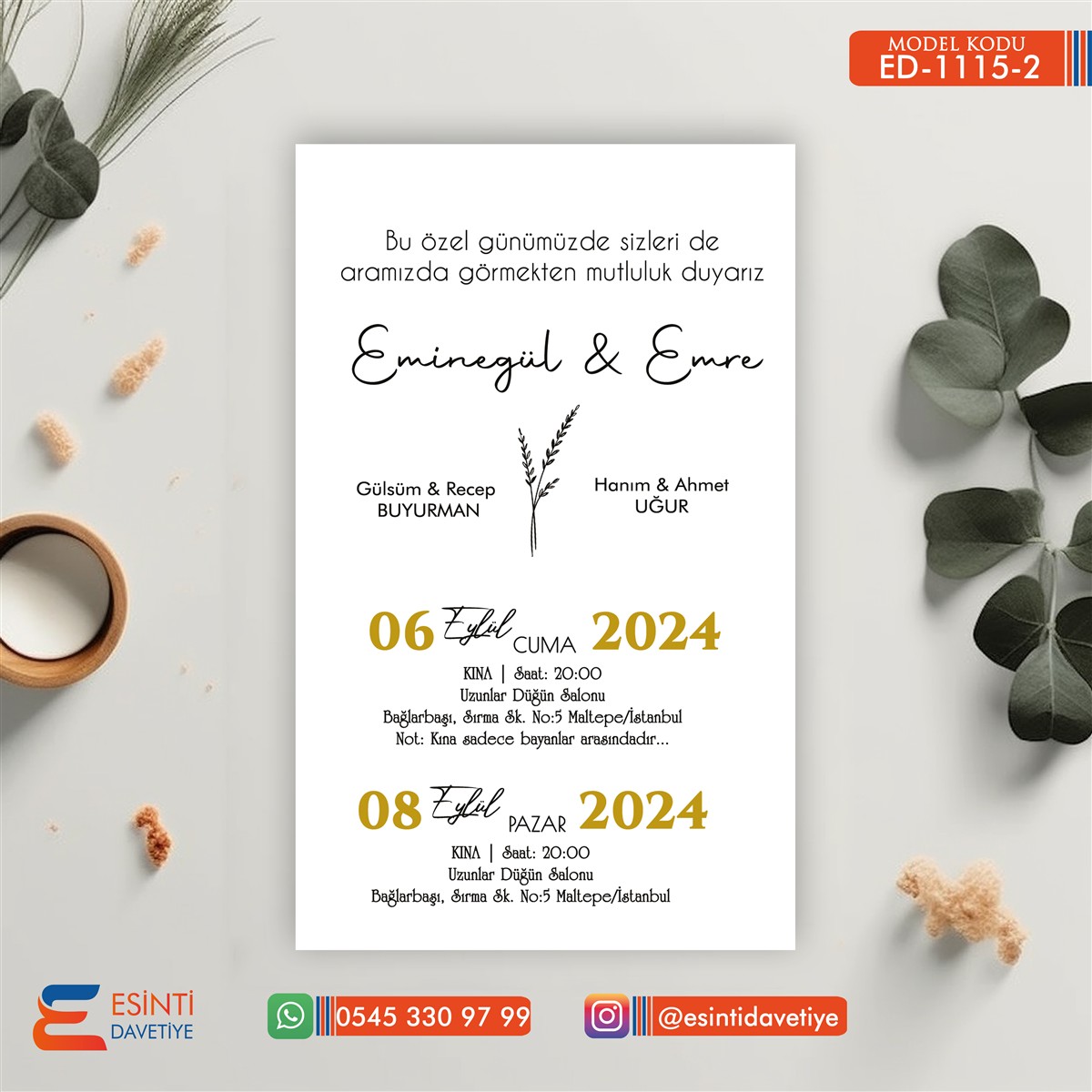 ED-1115-2 Tekli Düğün Davetiye – DD1115-2 - Görsel 1