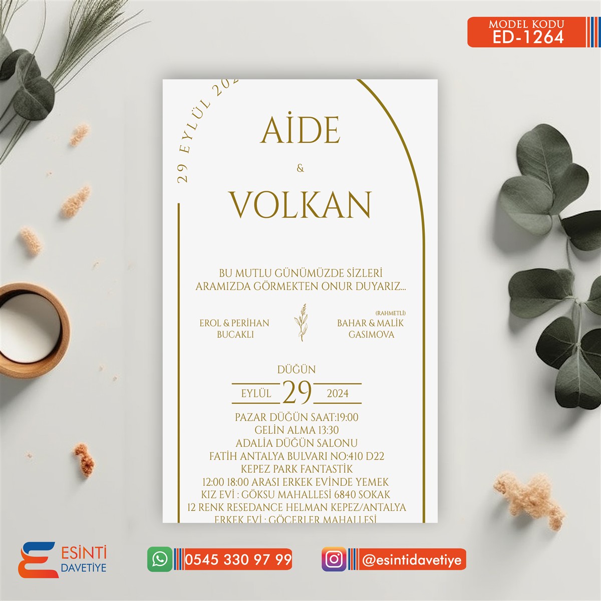 ED-1264 Tekli Düğün Davetiye – DD1264 - Görsel 1